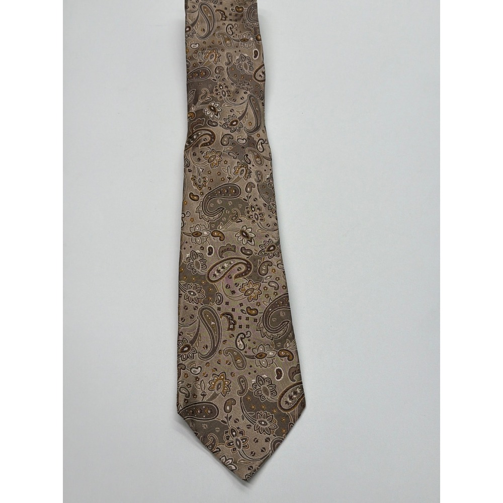 Geoffrey Beene Mens Silk Necktie Taupe Bronze Brown Paisley Floral Hand Made Tie